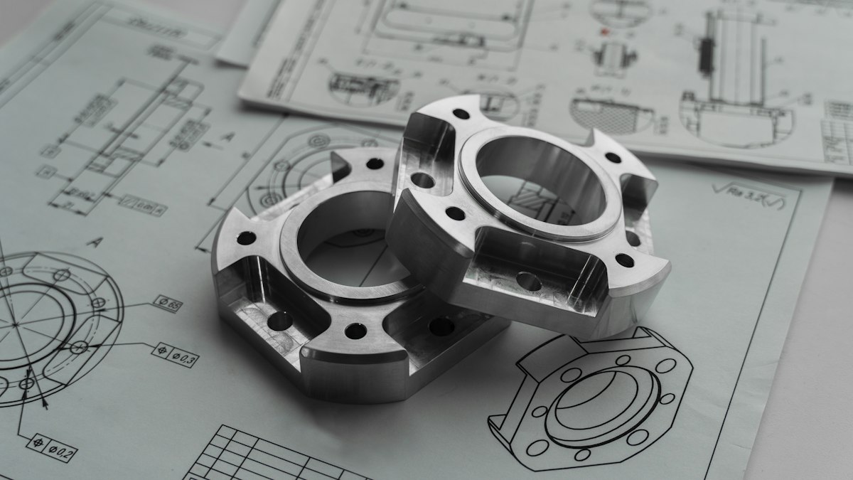 Piezas sobre planos técnicos en mesa de ingeniería, fotografía ilustrativa